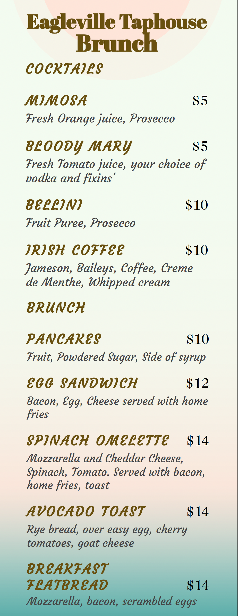 Eagleville Taphouse brunch menu