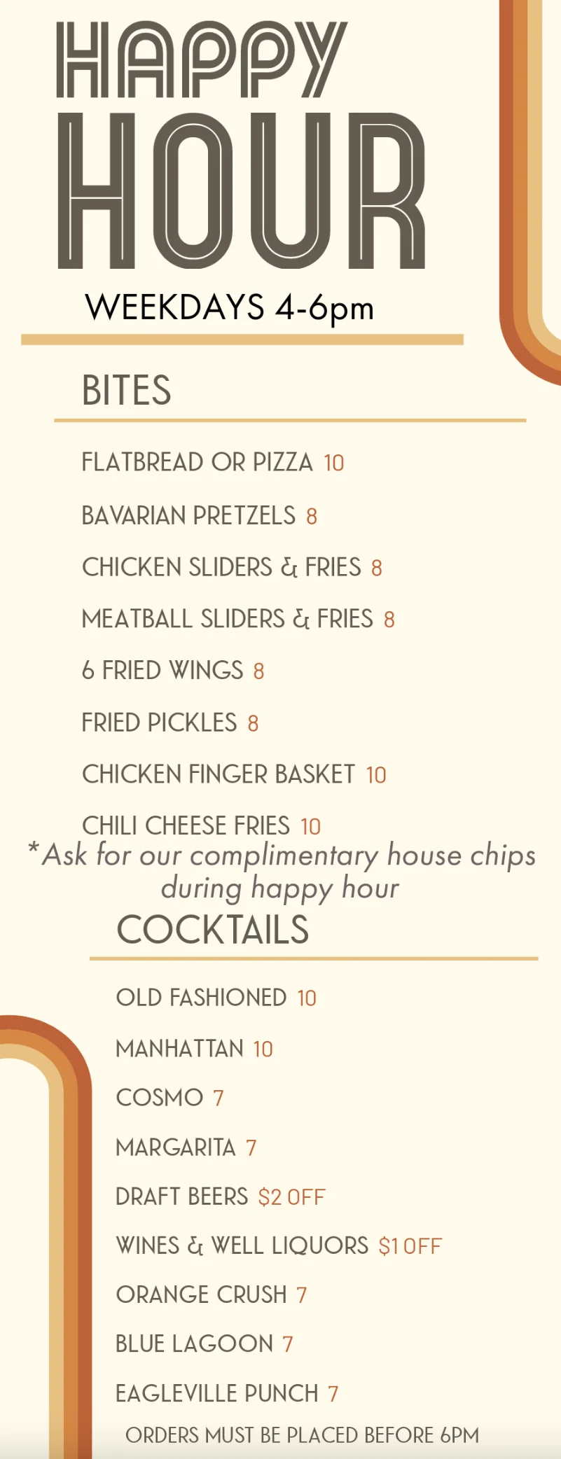 Eagleville Taphouse happy hour menu